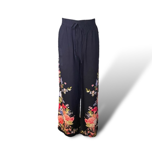 Mlle Gabrielle Pants - Navy Blue Floral Print Palazzo Pants